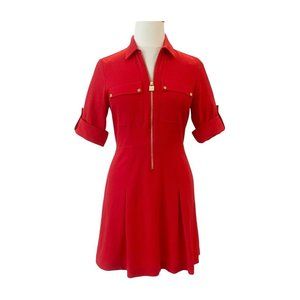 Michael Michael Kors Roll Tab Sleeve Zipper Front Ferrari Red Woven Dress Size L